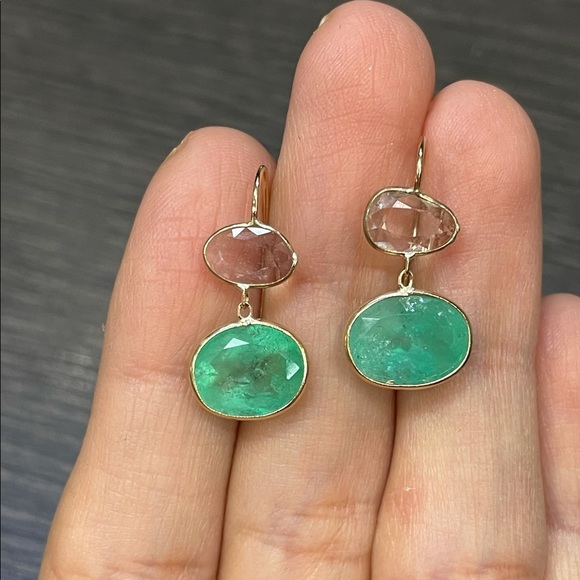 Emerald and White Sapphire Earrings in solid 14k Yellow Gold - Picture 2 of 5